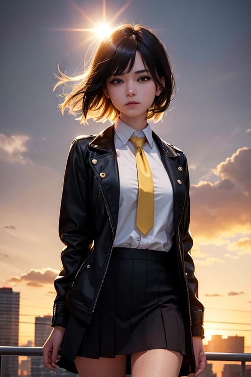 1 girl, intricate-detail, work of art, best qualityer, extremely detaild,cinematic lighting, beautiful detailed glowing, beautiful face and finely detailed eyes, 8k, dark intense shadows, yellow  eyes, medium hair, Bblack hair, bangss, floating hair, Black jacke, open jacket, white  shirt, unexpressive, yellow tie, Black Skirt, searchlight, sunshine light, rise sun, gradient sky, citys, Lens flare, cowboy shot, [[curved]], [mature woman]