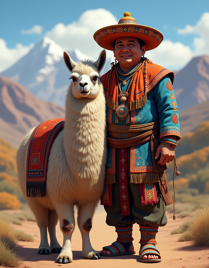 a llama with a colorful shawl and an Andean man with typical Inka chullo, smiling, wearing Inka clothing, Peruvian looks, still style, traditional costume, cloth pants, footwear made of sandal model tire, Quechua!!, Quechua!, Peru, traditional clothing, wearing authentic clothing, Bolivian cholitas, Bolivian ivan