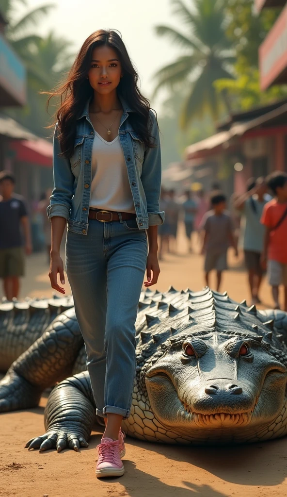 Beautiful Indonesian woman, white skin, sharp nose, long wavy hair, wearing a jeans jacket, trousers, wearing pink sneakers, smiling face, walking holding a giant crocodile on her side, beautiful evening, aesthetic, on a village road, lots of people, minimal defects, very detailed, realistic, 8k image