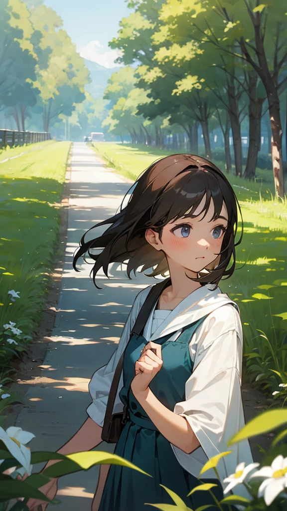 Country Road、Girl&#39;s back view、End of Summer、A sense of grief、Detailed hands、high resolution、Advanced Work、High resolution、high quality、Highly rated、８ｋ、Professional Lighting、Perfect Anatomy、Down style hair、Long Bangs、Semi-shortcuts