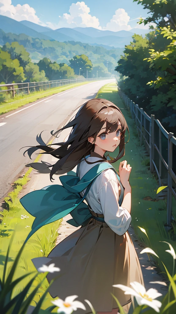 Country Road、Girl&#39;s back view、End of Summer、A sense of grief、Detailed hands、high resolution、Advanced Work、High resolution、high quality、Highly rated、８ｋ、Professional Lighting、Perfect Anatomy、Down style hair、Long Bangs、Semi-shortcuts