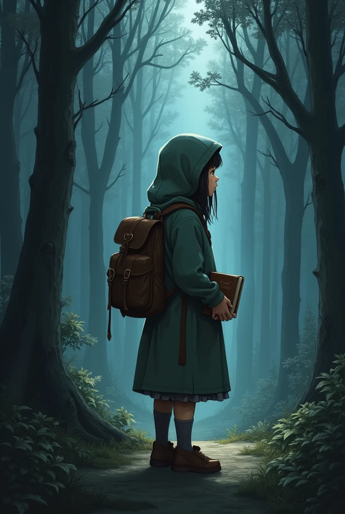 A determined young girl, dressed in a simple cloak, holding a backpack and an old diary, standing at the dark and mysterious edge of a tall, shadowy forest. drawing 