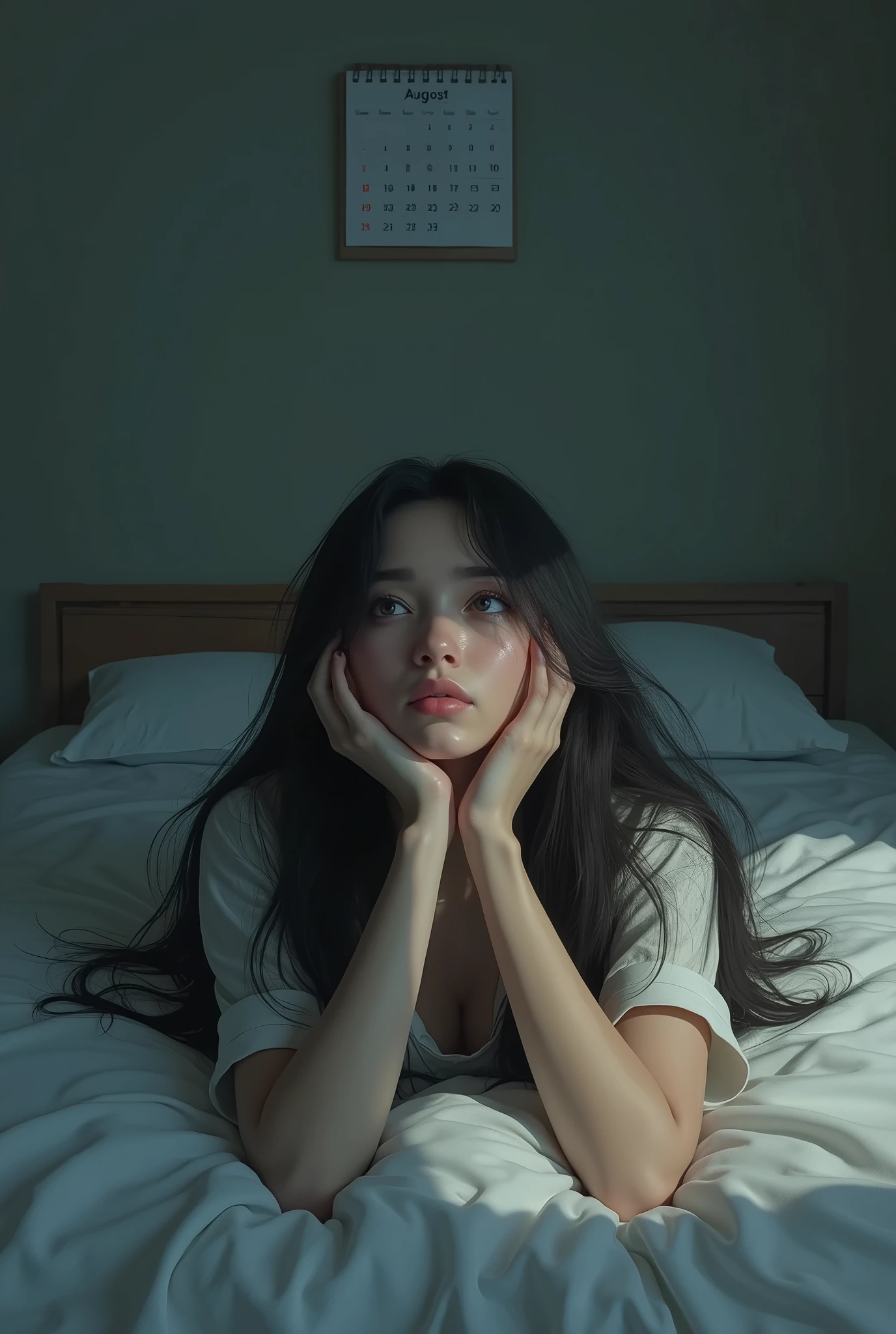 Make a black hair girl from afar laying in bed, staring at the roof with tears in her face and touching her head, realistic picture, full body, with a calendar august on the wall