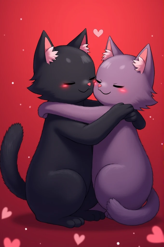Wallpaper size,black female cat hug and kiss purple female cat with soft smile and eye close with red background