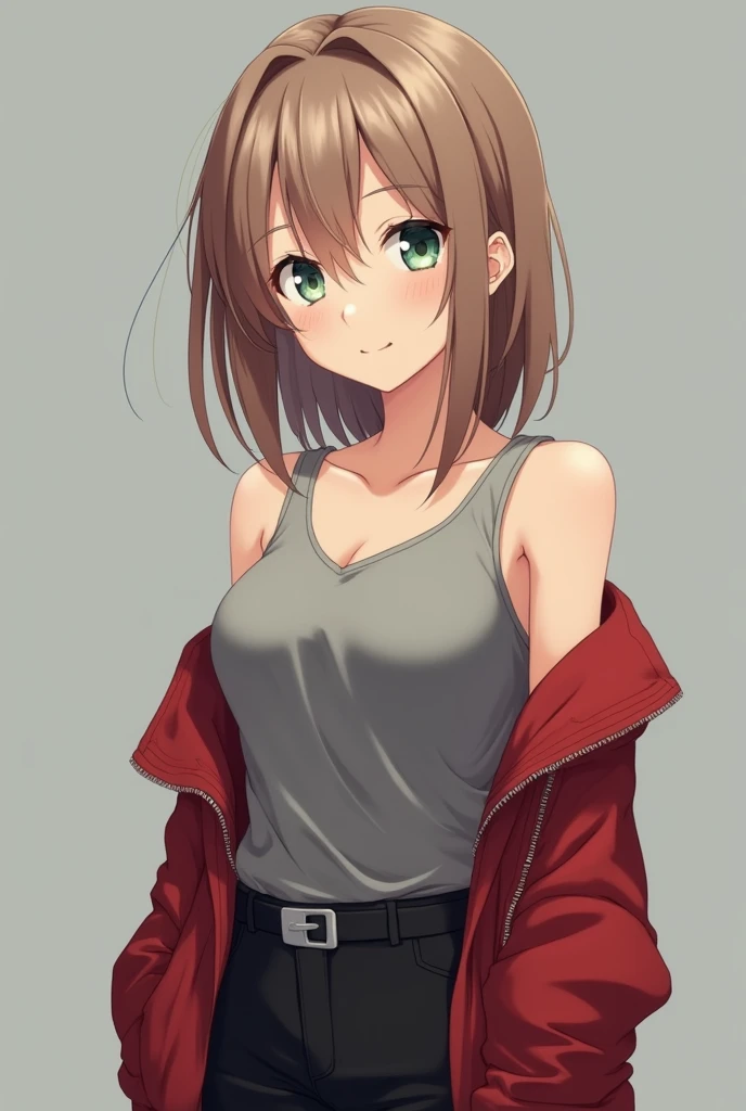 More mature anime style image. Gray background image. A teenager, light brown hair, light green eyes, a smile on her face. He wore a gray tank top with a red jacket over it with the sleeves rolled up to the elbow, black pants with a belt on the side.
