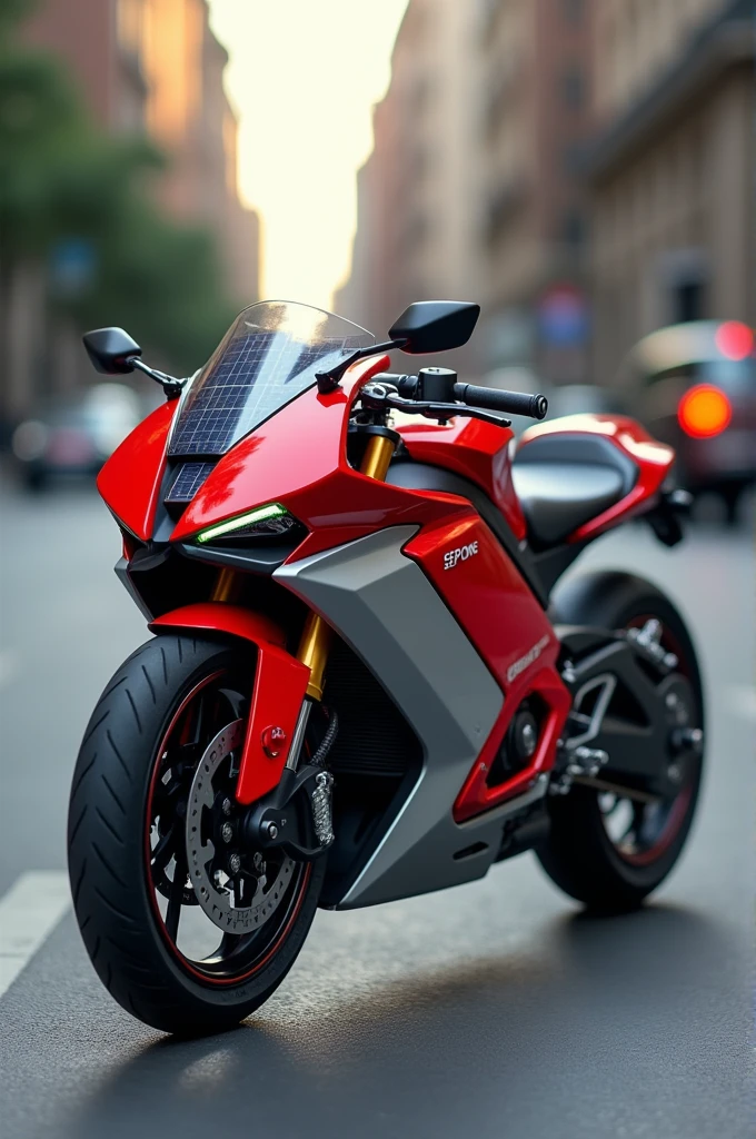 Electric motorcycle with solar panels on the sides and pedals, Red with silver color and SEP ONE brand on the tank