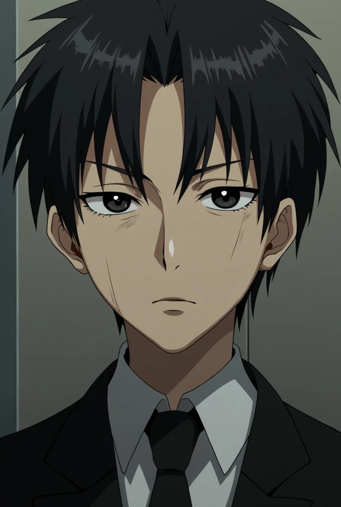 Image of the character lawyer with a tired face with dark circles and a little nose black eyes from jujutsu kaisen higuruma hiromi 
