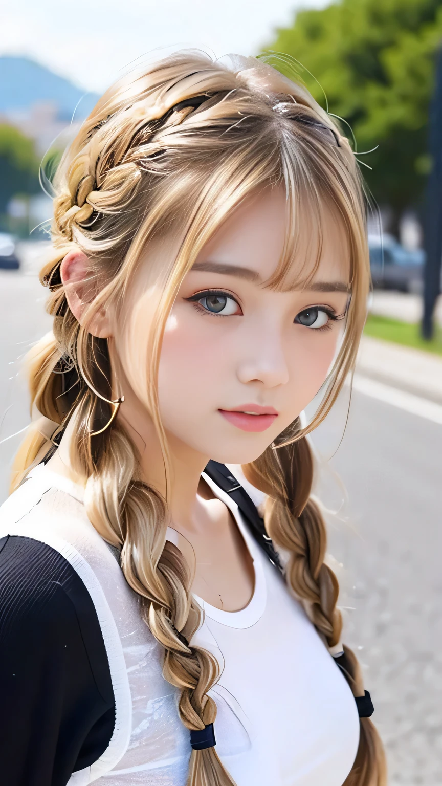 Sexy Big 、Sexy cute looks and cute  beautiful girl, beautiful and sexy face、A strong wind blows my hair in front of my face、beautiful long blonde French braided hair、beautiful, Cute and sexy eyes hidden behind long bangs
