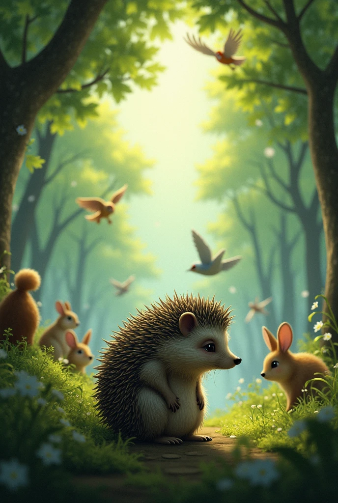 An extremely overly depressed hedgehog, sad and alone watching other forest animals play in the distance