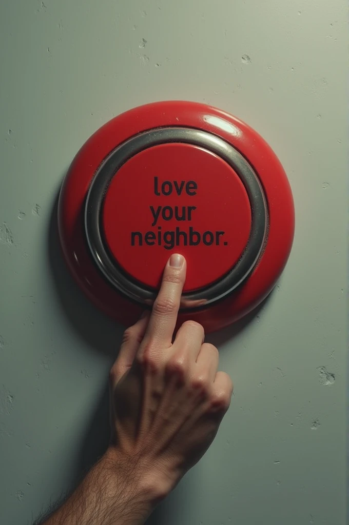 Image: A red button with a sweaty hand about to press it.
Texto del Botón: "Love your neighbor" in Spanish