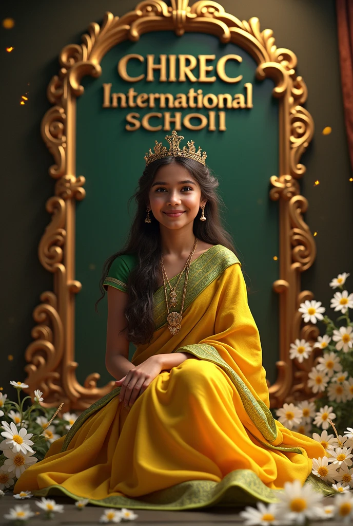 captivating fantasy digital artwork featuring a 2 Indian girl, exuding grace and elegance. She sits majestically behind a decorative plaque inscribed with 'CHIREC INTERNATIONAL SCHOOL'. The girl is dressed in a stunning yellow and green saree and a delicate crown, her smile illuminating her face. The plaque is adorned with intricate golden borders and designs, enhancing the scene's opulence. Delicate white flowers surround her, and golden sparkles create a magical aura in the dark fantasy atmosphere. The muted brown background contrasts with the artwork's vivid colors, highlighting the artist's exceptional talent and immersing the viewer in a fantastical world., vibrant, photo, dark fantasy, typography