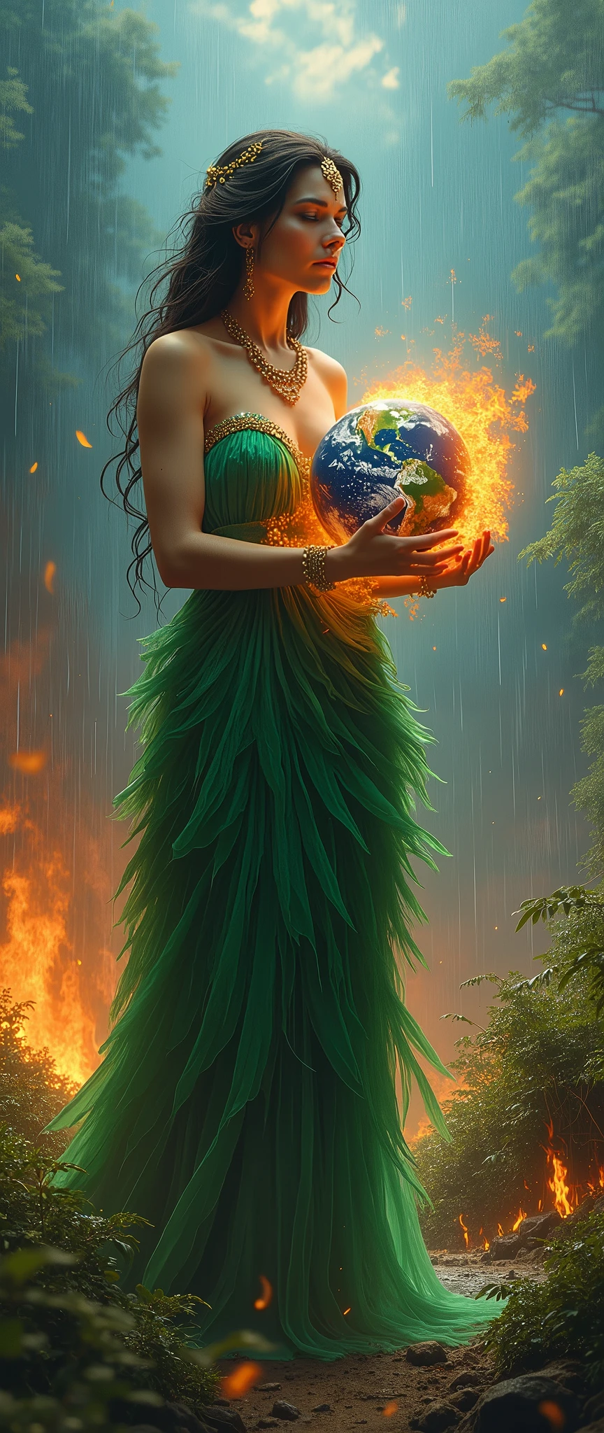 ultra realistic image of mother earth gaia dressed in green with gold threads holding planet earth on fire in brazil, convey depth, in the background blue sky with abundant rain putting out the fire and on the ground green forests with fires