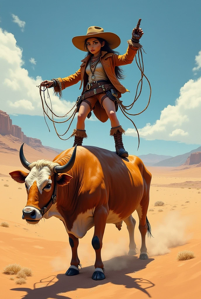 Make a cockroach that is on top of a cow and the cockroach is a cowgirl and is in a desert whipping the cow that is riding