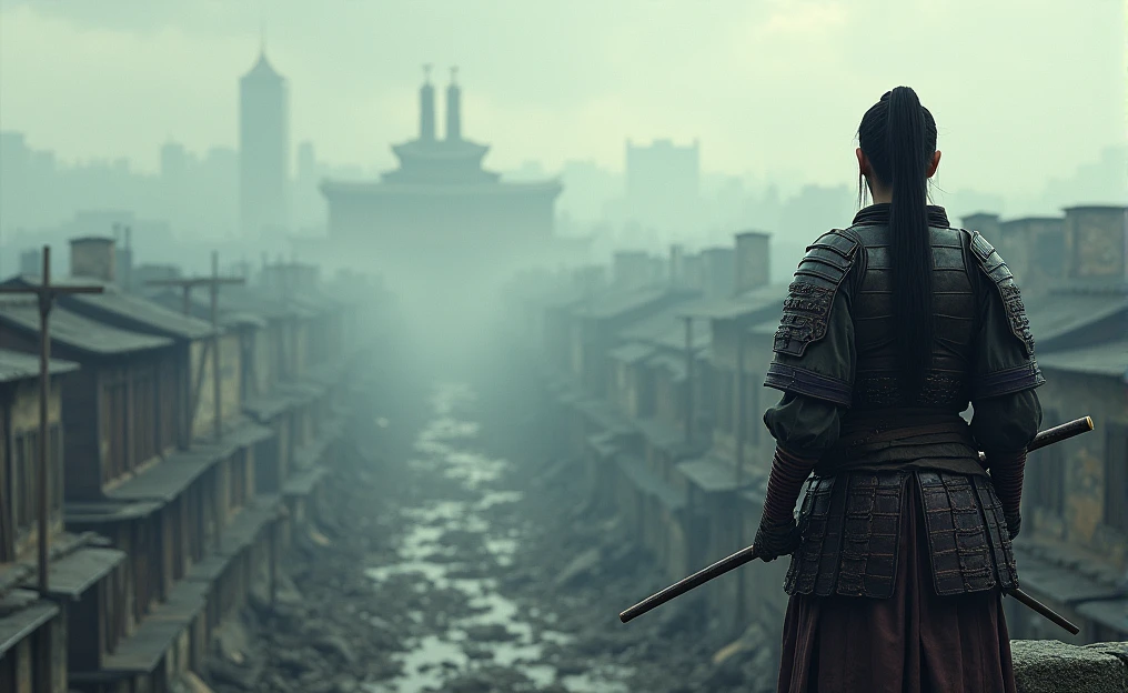 The figure of a samurai looking towards a desolate city, The samurai has long black hair tied in a ponytail
