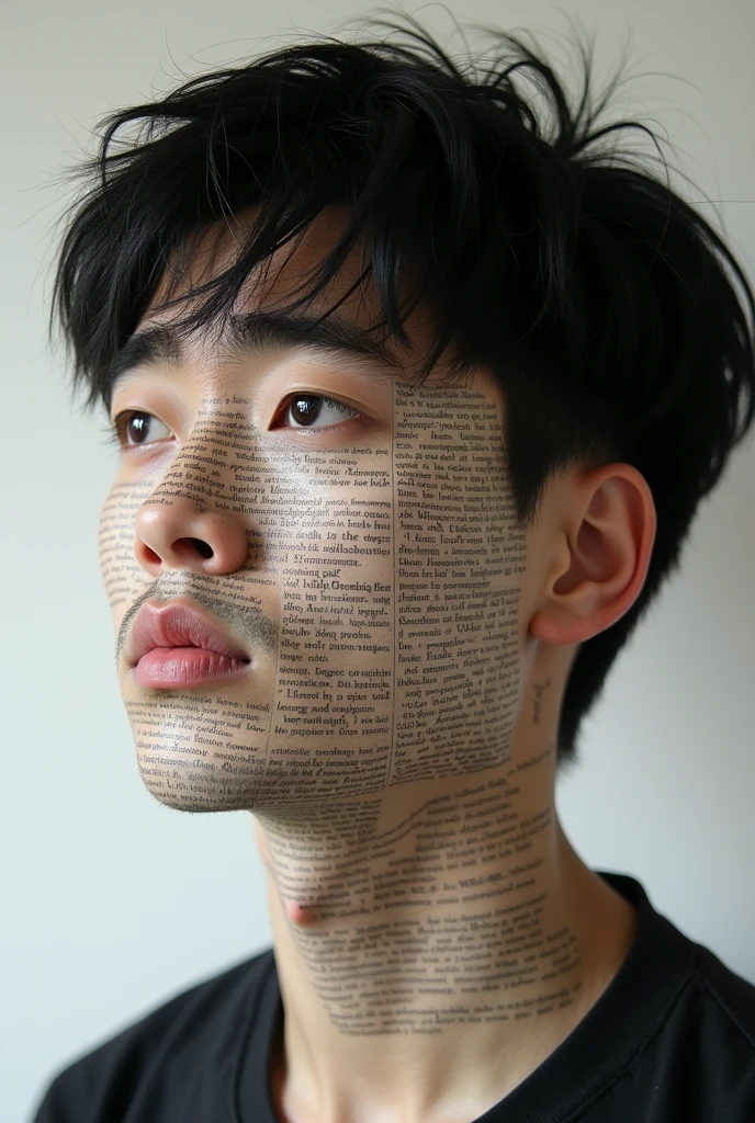 realistic portrait of a young man, short black hair, confused expression, looking to the side, the skin of the whole face has printed lines of text like a newspaper, side angle view