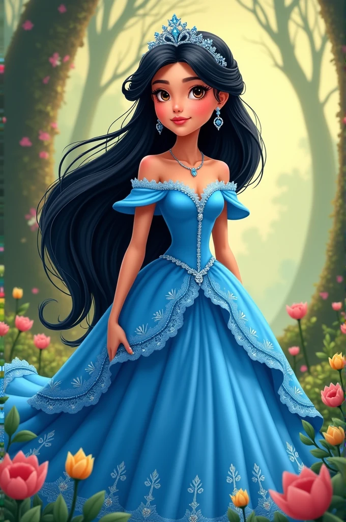 Princess with blue dress and black hair cartoon style 