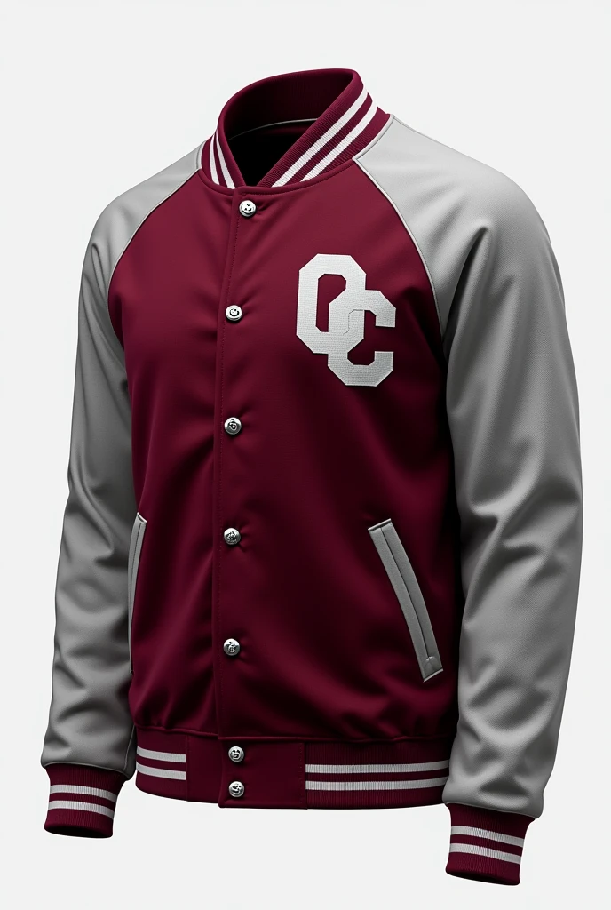 Create a wine-colored baseball jacket with pearl gray sleeves, with the letters of "QC" Pearl gray color and capital letters and that the letters are located on the upper left in a staircase and vertical with cotton materials
