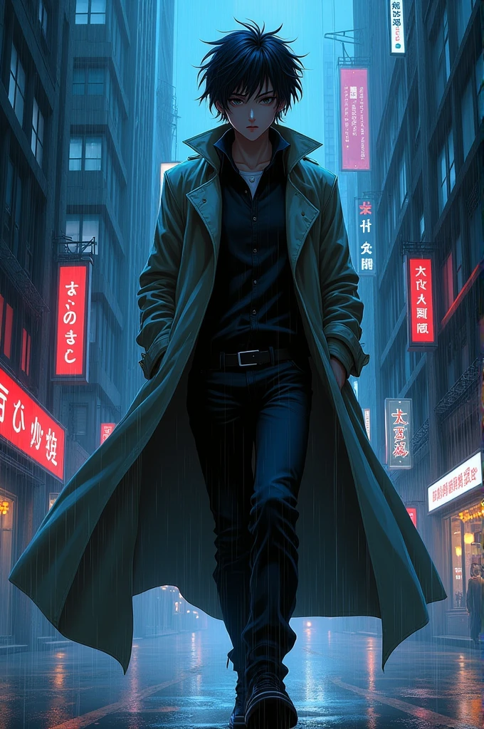 Create a character wearing a trench coat who looks like a manga protagonist 