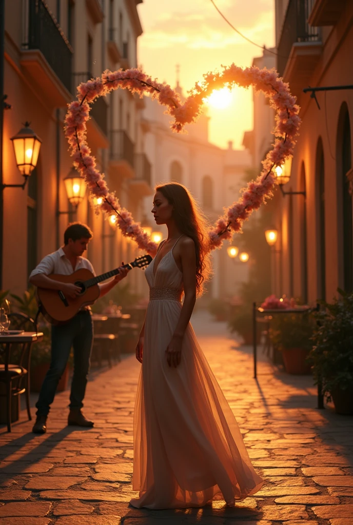 **front page:**
1. **bottom:** A magical sunset over a romantic Italian square, with soft lights illuminating the historic buildings and a warm and welcoming atmosphere. You can include elements such as an antique fountain or an outdoor cafe..
2. **Main elements:**
- **Rome:** Spotlight, A woman with a dreamy expression and a touch of melancholy, dressed in an elegant dress or a blouse and skirt that highlight her beauty. She is walking through the square, with a light breeze moving her hair.
- **Damiano:** At the bottom, a musician (perhaps in a corner of the cafe or next to the fountain) playing a guitar with passion. Su mirada está fija en Rome, transmitting both sadness and a glimmer of hope.
3. **Additional Details:** A heart formed by a garland of flowers or bright lights that surrounds both characters, suggesting the romantic connection that develops between them.
--- This design is meant to capture the romantic and emotional essence of the story, evoking an atmosphere of charm and connection between the protagonists