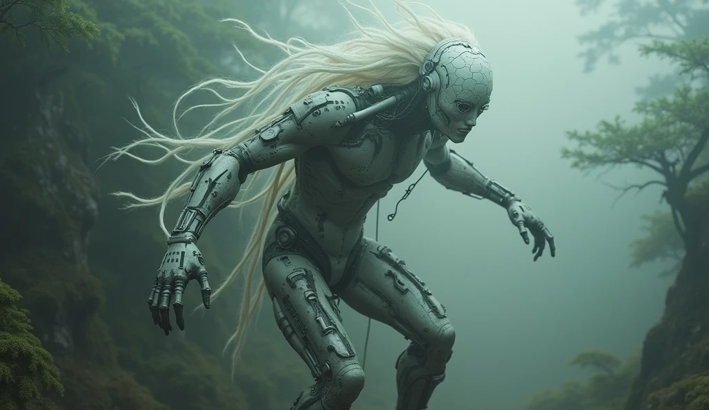 Top quality, masterpiece, oriental ancient forest background, creature wearing white mask with complex pattern, long hair, body made of complex machinery, science fiction, detailed science, life science, wearing traditional oriental clothes, detailed image texture, bizarre, horror, creepy atmosphere (not AI image), cloudy weather, foggy, low color image, eerie, character filling the screen, image viewed from above