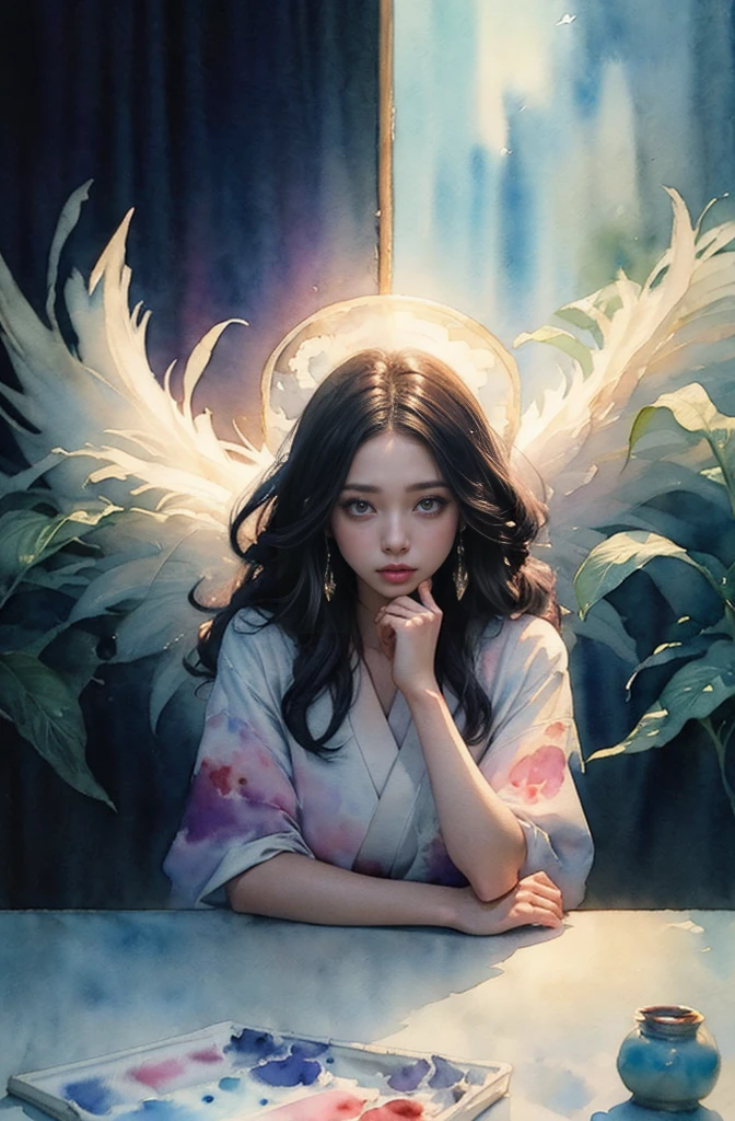 (Tabletop, Highest qualityの, Highest quality, Official Art, (beautifully、aesthetic:1.4), (Watercolor:1.4) ), (Izanami 1.5), 日本のgod話の女god, Majestic beauty, 創造の女god、生命の女god、Typically、((((Typically))))、Reincarnation Support, god&#39;Grace, Gentle and meditative expressions, Flowing, celestial garments, Shine、Created all the landscapes and worlds on Earth, A dazzling dance of light, Whispers of Ancient Legends，Hands below chest level，The hair is a little shorter