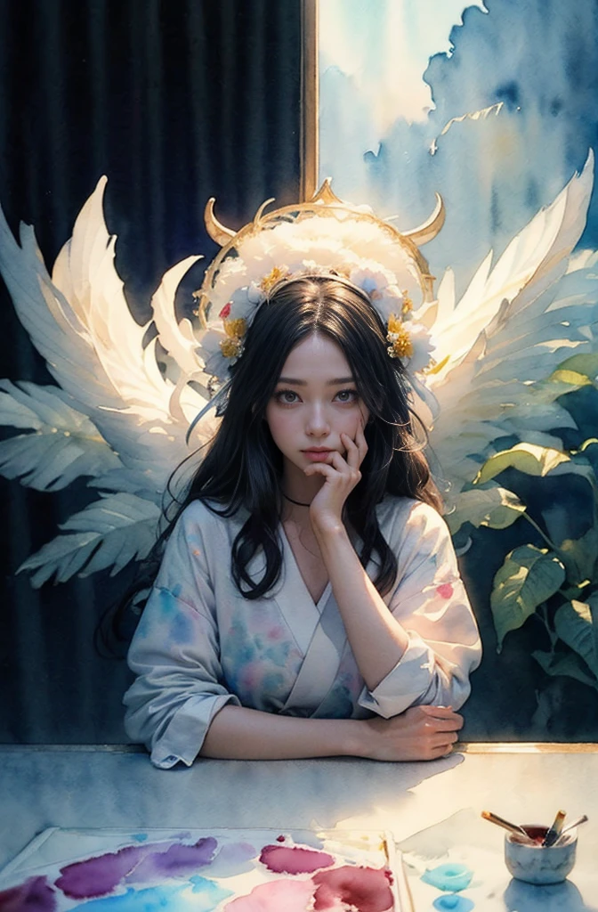 (Tabletop, Highest qualityの, Highest quality, Official Art, (beautifully、aesthetic:1.4), (Watercolor:1.4) ), (Izanami 1.5), 日本のgod話の女god, Majestic beauty, 創造の女god、生命の女god、Typically、((((Typically))))、Reincarnation Support, god'Grace, Gentle and meditative expressions, Flowing, celestial garments, Shine、Created all the landscapes and worlds on Earth, A dazzling dance of light, Whispers of Ancient Legends,Hands below chest level,The hair is a little shorter