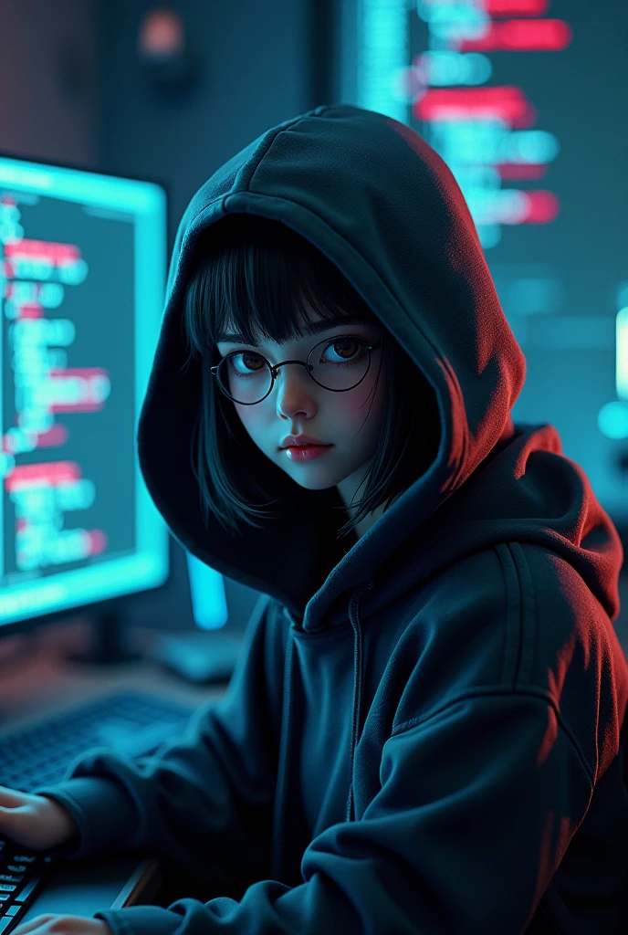I want to create a profile picture of a systems engineer so that his face is not noticeable since he will be wearing a hood, a gamer background and the screen with codes like programming, a mixed-race thing that is more like 3D anime, something great for young people.