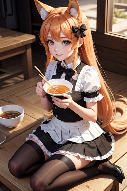 work of art, Maximum quality, bewitching pose, full body wide angle, ssmile, (sitting down:1.1) ,Ichiraku Ramen, (eating ramen noodles:1.0), holding chopsticks and ramen bowl, eating ramen,, Silent Suzuka (umamusume), black gloves, white skirt, pleatedskirt, black pantyhose, layered sleeves, puffy short sleeves, short sleeves over long sleeves, black bow, Festival,