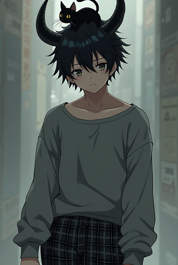 I want an anime boy with messy black hair with black horns with gray long sleeves and black and gray plaid pants with a small black cat on his head and who looks 1, very attractive.
