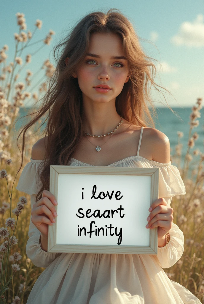 Beautiful girl with wavy long hair, bohemian dress, holding a white board with text "I Love Seaart Infinity" and showing it to the viewer