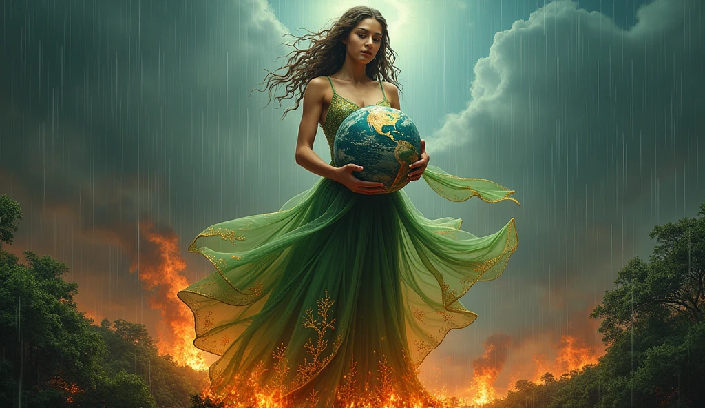 ultra realistic image of mother earth gaia dressed in green with gold threads holding planet earth on fire in brazil, convey depth, in the background blue sky with abundant rain putting out the fire and on the ground green forests with fires