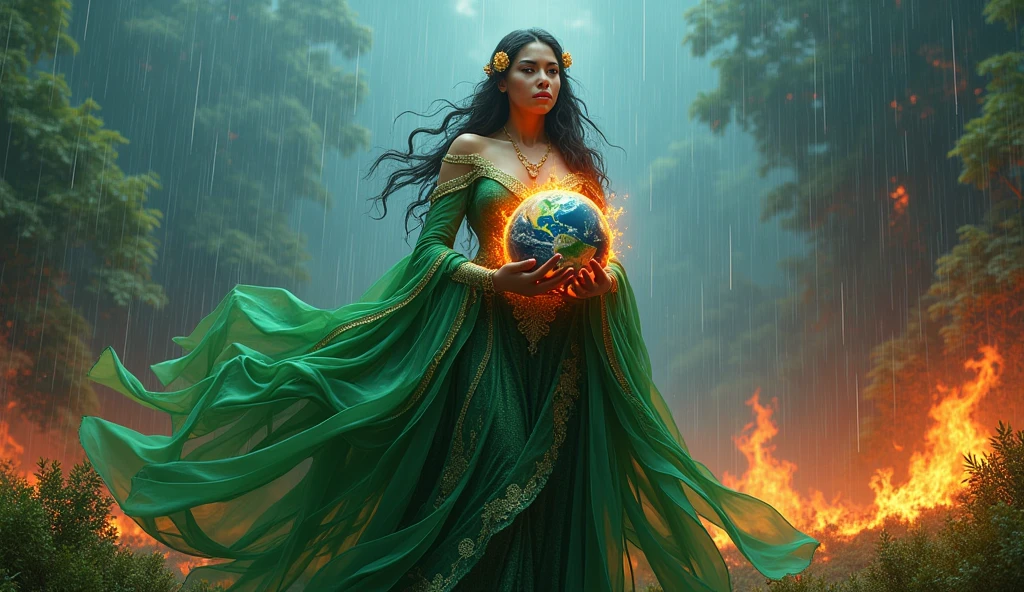 ultra realistic image of mother earth gaia dressed in green with gold threads holding planet earth on fire in brazil, convey depth, in the background blue sky with abundant rain putting out the fire and on the ground green forests with fires