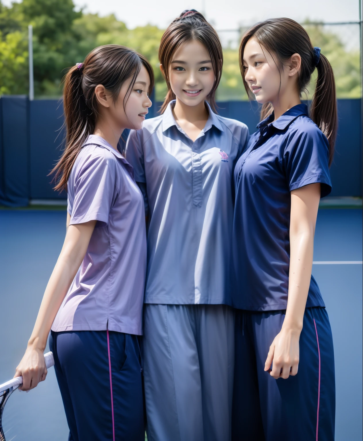 3 girls play tennis at tennis courts, Navy blue short-sleeved shirt,Navy Long Trackpant,Sweatpants, Sweatpantsขายาว,2 girl, lesbian, sexy, exercise clothes, wet body, exercise clothes