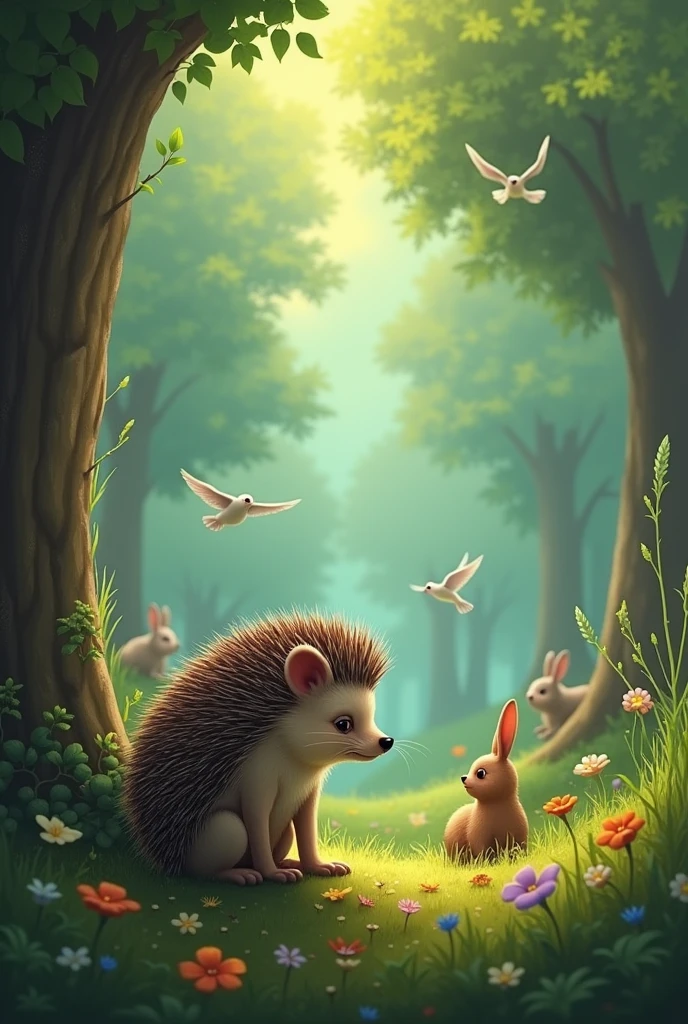 An extremely overly depressed hedgehog, sad and alone watching other animals playing in the forest from afar