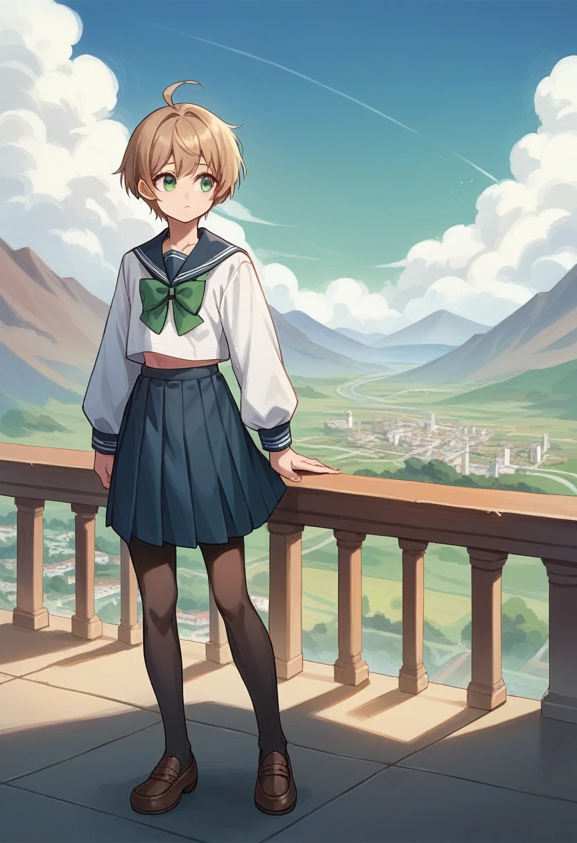 1girl, androgynous, , ahoge, solo, short hair, green bow, looking around, bow, standing, green bowtie, green eyes, long sleeves, bowtie, school uniform, sailor collar, bangs, serafuku, light brown hair, full body, harbor, mountain, cityscape, pantyhose, best quality, amazing quality, very aesthetic, masterpiece