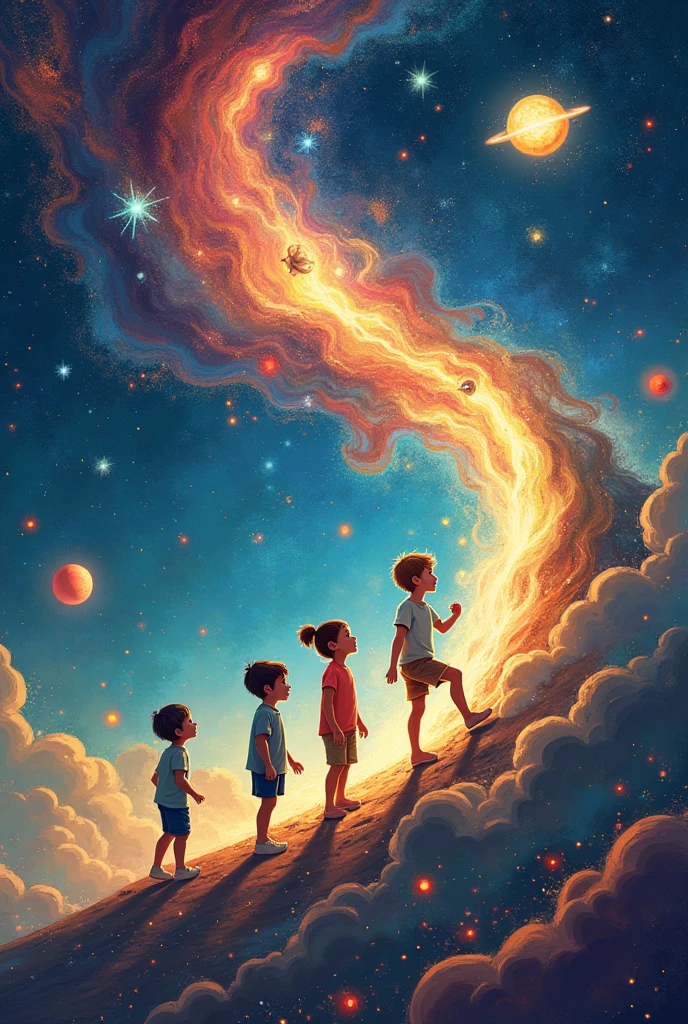Expanding Universe, Growth of human beings and the universe, Child growth, evolution, style illustration , happy, various angles