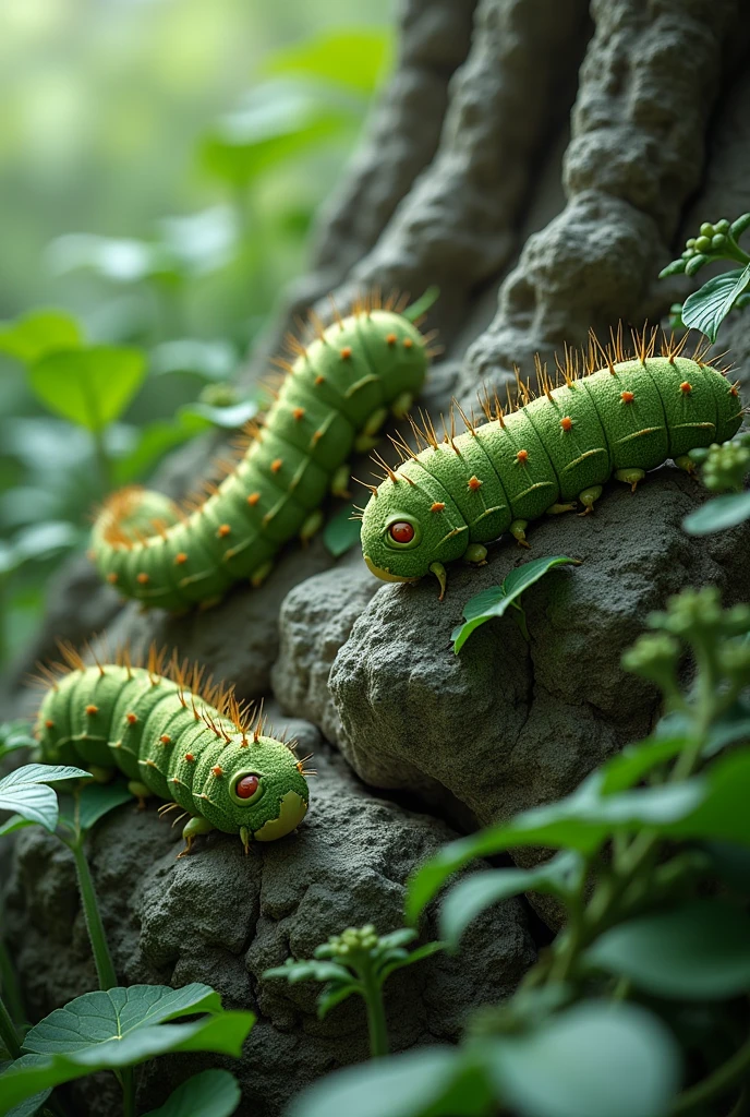 caterpillars in the rock are eating green leaves