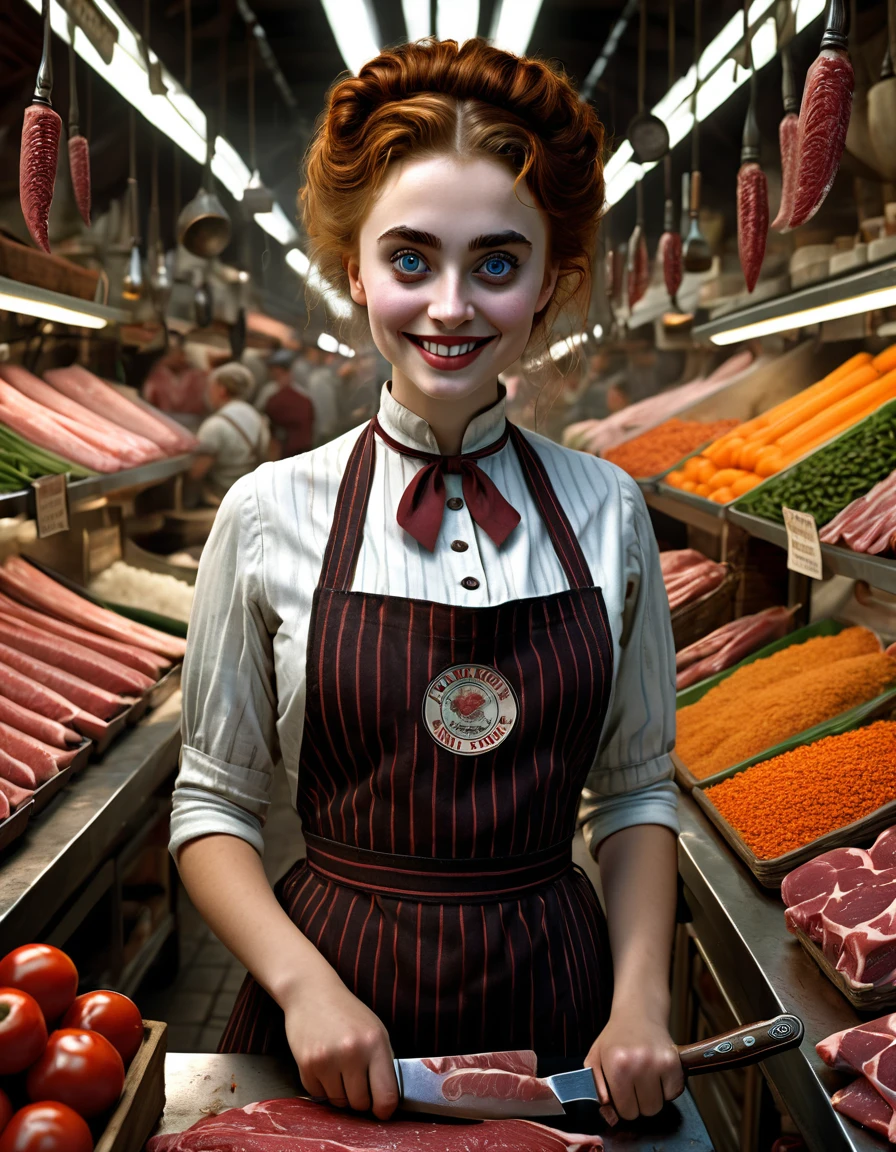 21 yo Beautiful friendly and happy Traditional Market female vendors [Elizabeth II:Maude Adams:0.45], butcher section, butcher dagger, butcher apron, detailed face, perfect face, perfect eyes, symmetric eyes, insanely detailed and intricate, ultra sharp focus, cinematic scene by Tim Burton, professional masterpiece photo realistic digital artwork by Frank Bellamy, artistic scene by Tim Burton, directional lighting, octane render, professional lightroom color grading by Mark McGee