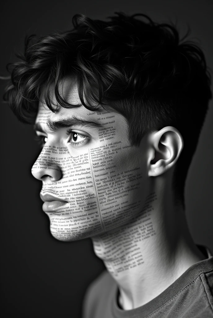 realistic portrait of a young man, short black hair, confused expression, looking to the side, the skin of the whole face has printed lines of text like a newspaper, side angle view, black and white professional photography
