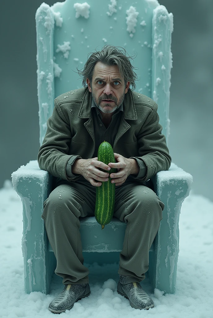 The insane guy with a cucumber in his hand and is sitting on a Frozen chair 