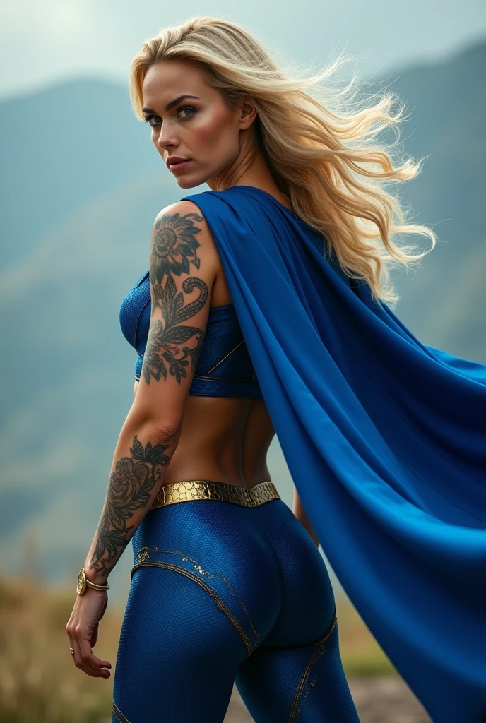 female superhero, tattooed, blonde, cape, blue superhero custume, standing heroically, back view, looking back to viewer, cinematic shot, windy