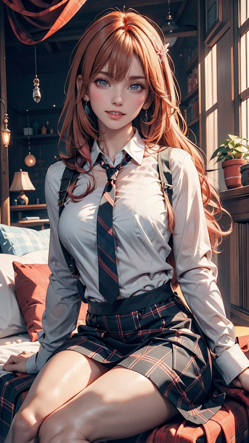 One person, Hoshino (Blue Archive), alone, Heterochromia iridis, Pink Hair, skirt, Long Hair, tie, Ahoge, shirt, Hello, Plaid skirt, blue eyes, Plaid, View your viewers, white shirt, Sitting, Orange eyes, chest Harness, Harness, Long sleeve, ID card, Open your mouth, very Long Hair, collared shirt, smile, blue tie, bangs, The legs are detached from the frame, Between the legs, hand Between the legs, blush, Hair between the eyes, High resolution,masterpiece, Highest quality