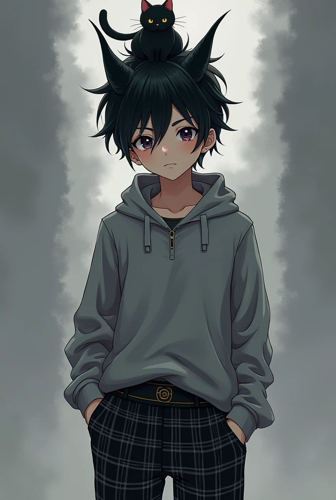 I want an anime boy with messy black hair with black horns with gray long sleeves and black and gray plaid pants with a small black cat on his head and who looks 1, very attractive.