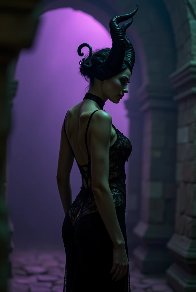 A stunning portrait of Maleficent from the rear. Show her ass, scantily clad in lace draping on her body,  as a mature woman in her late 50s, emphasis on her horns, purple highlights, purple reflected light, in the nude, young and beautiful, hyper realistic, real portrait, backlit, exquisite features, cleavage, sexy, seductive, unnatural light, soft light, location is the interior of a dungeon, green light, eerie, purple highlights:1.4, she is smirking, she is busty, her chin is raised, looking down at viewer, low angle shot, exquisite features, exotic, high cheekbones, show her full horns, thong underwear, narrow waist, wide hips, round ass