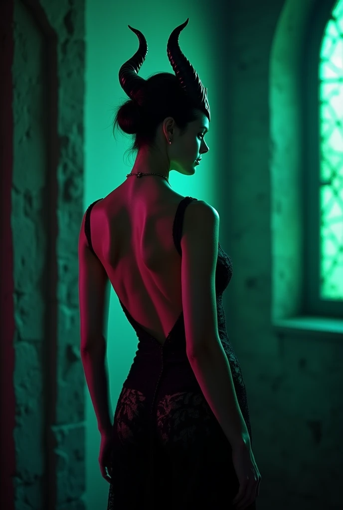 A stunning silhouette profile portrait of Maleficent in the nude, young and beautiful, hyper realistic, real portrait, backlit, exquisite features, cleavage, sexy, seductive, unnatural light, soft light, location is the interior of a dungeon, green light, eerie, purple highlights:1.4, she is smirking, she is busty, her chin is raised, looking down at viewer, low angle shot, h her body is nude, visible nipples,naked and powerful, visible breasts, visible nipples, she is standing, narrow waist, wide hips