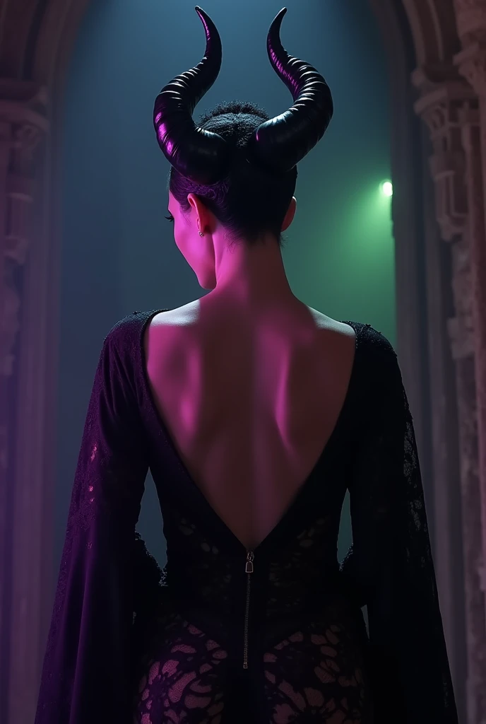 A stunning portrait of Maleficent from the rear. Show her ass, scantily clad in lace draping on her body,  as a mature woman in her late 50s, emphasis on her horns, purple highlights, purple reflected light, in the nude, young and beautiful, hyper realistic, real portrait, backlit, exquisite features, cleavage, sexy, seductive, unnatural light, soft light, location is the interior of a dungeon, green light, eerie, purple highlights:1.4, she is smirking, she is busty, her chin is raised, looking down at viewer, low angle shot, exquisite features, exotic, high cheekbones, show her full horns