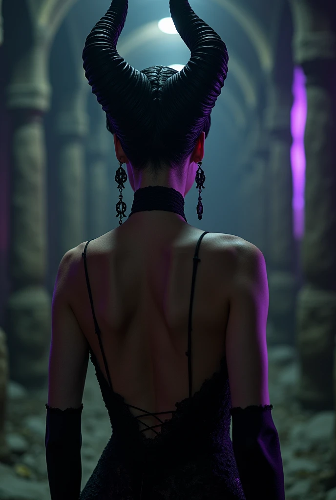 A stunning portrait of Maleficent from the rear. Show her ass, scantily clad in lace draping on her body, as a mature woman in her late 50s, emphasis on her horns, purple highlights, purple reflected light, in the nude, young and beautiful, hyper realistic, real portrait, backlit, exquisite features, cleavage, sexy, seductive, unnatural light, soft light, location is the interior of a dungeon, green light, eerie, purple highlights:1.4, she is smirking, she is busty, her chin is raised, looking down at viewer, low angle shot, exquisite features, exotic, high cheekbones, show her full horns