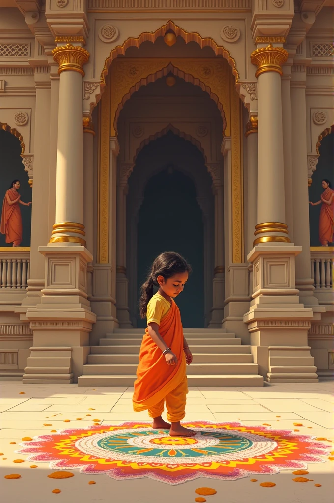 Hindu baby girl drawing rangoli in the front of temple