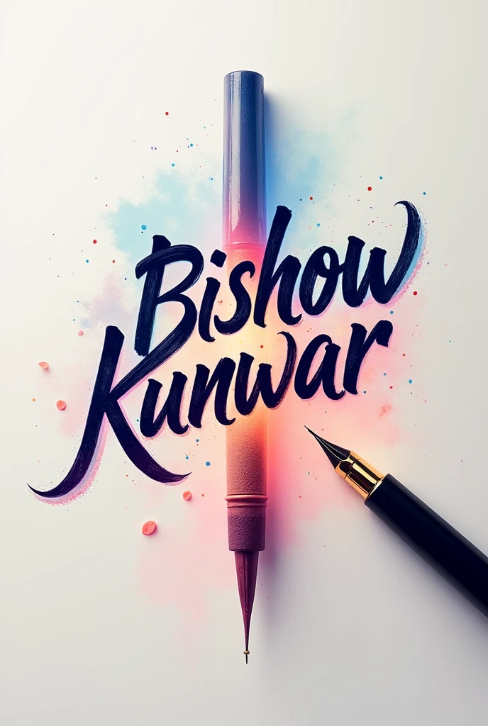 realism, Create a youtube logo for "BISHOW KUNWAR", all uppercase letters, calligraphy pen in background, fantastic handwriting, artistic, blending colours, light theme