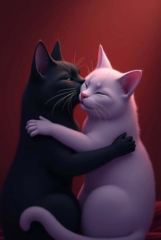 Wallpaper size,black female cat hug and kiss purple female cat with soft smile and eye close with red background  lool  like real cat